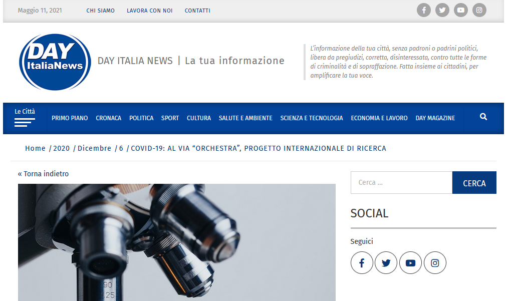 COVID-19: AL VIA “ORCHESTRA”, PROGETTO INTERNAZIONALE DI RICERCA